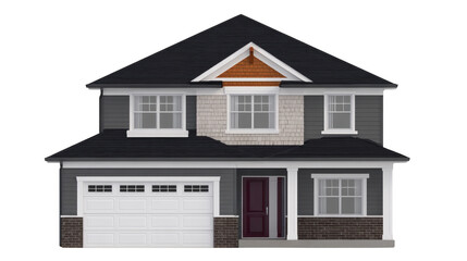 Modern house design featuring two story structure with gable roof, large windows, and stylish garage. exterior combines gray siding with brick accents, creating contemporary look