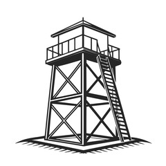 Black silhouette of a vintage observation tower with a ladder. A classic monochrome scaffolding style guard post illustration.