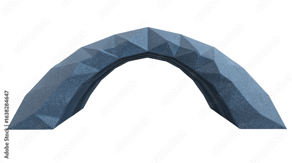 Poster geometric arch structure made of textured stone, featuring series of angular facets that create mode