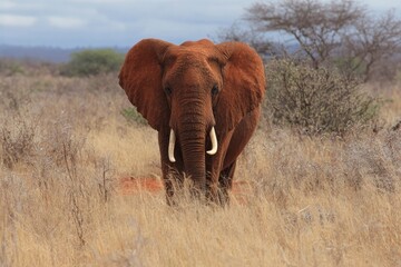 An African elephant stands in a field of tall dry grass its large ears and tusks prominent with trees and a cloudy sky in the background