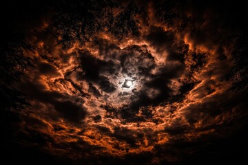 Fiery, ominous clouds encircle a pale moon