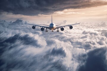 Obraz premium An airplane flies through a sea of clouds with a sky of warm and cool colors