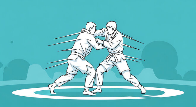 Two male judokas in white uniforms grapple intensely during a martial arts competition on a mat.