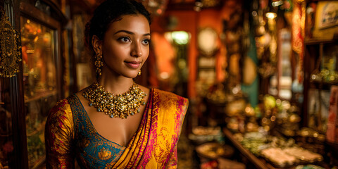 Obraz premium female model wearing saree and gold jewelery at shop