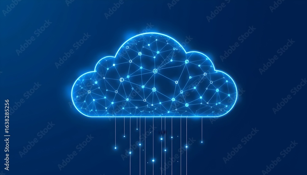 Poster glowing blue cloud illustration with connected dots and lines, suggesting cloud computing or data st