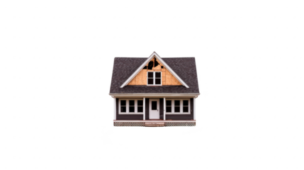 Charming house with gabled roof, featuring wooden siding and welcoming front porch. structure is partially under construction, showcasing its unique design and potential