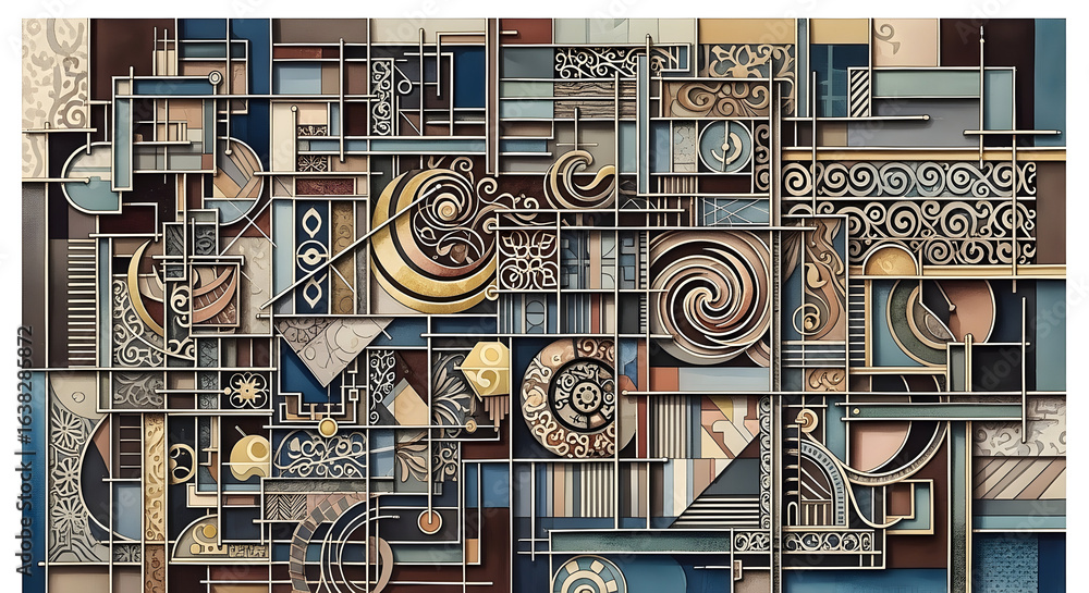 Poster a complex design of geometric shapes and ornate patterns.