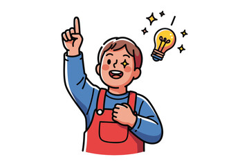 Eureka Moment: A young individual points upward towards a shining light bulb, symbolizing inspiration and a brilliant idea, with pure joy and triumph