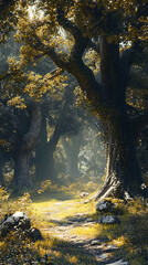 Sunlit path through forest