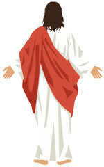 Vector illustration of Jesus Christ in white robe, back view, isolated on white background. Clean flat design, perfect for religious projects.
