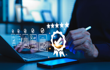 Obraz na płótnie Canvas Quality Assurance and Certification Compliance Concept. Businessman using digital interface showing certification badge, quality assurance, standards compliance, and excellence in performance.