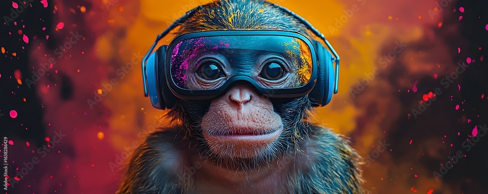 Poster curious monkey exploring virtual reality art class