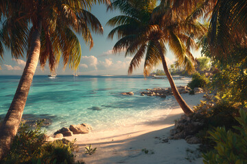 Lush tropical palm trees framing a sun-kissed sandy beach oasis embodying tranquility and relaxation in a serene tropical paradise invoking pure blissful escapes