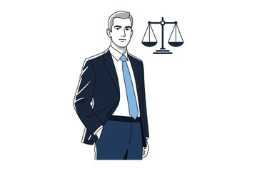 Legal Professional in the Balance: A distinguished figure, exuding confidence, stands beside the symbol of justice, ready to advocate for fairness and uphold the law. 