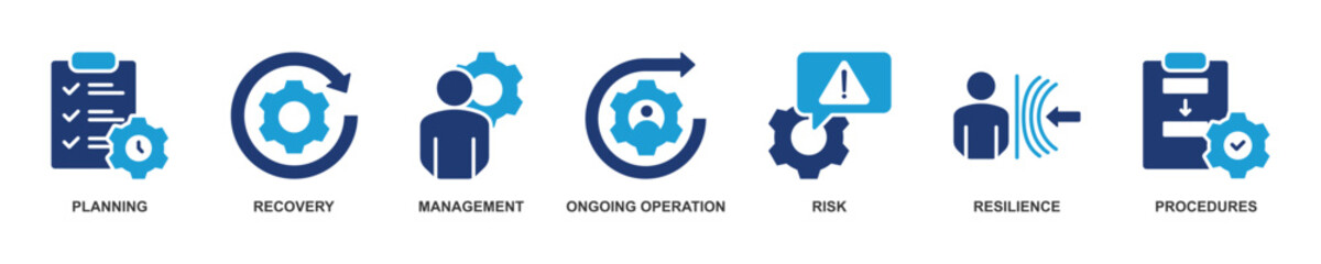 Banner of Business Continuity web vector illustration with icons of planning, recovery, management, ongoing operation, risk, resilience and procedures.