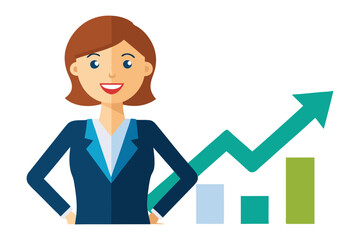 Rising to the Top: An Empowered Businesswoman. A confident businesswoman, radiating success stands proudly beside a dynamic growth chart, symbolizing upward trajectory and achieving great results.