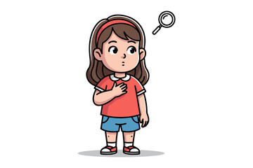Girl with Magnifying Glass: A curious girl, pondering with a magnifying glass hovering above her head, represents the concept of investigation and research.
