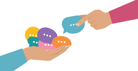 Collect feedback, man hand giving speech bubble feedback