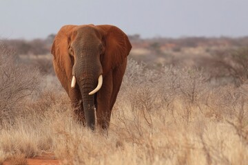 Fototapeta premium An elephant stands in a field of dry grass facing the camera with its tusks visible The background features dry bushes and a hazy sky