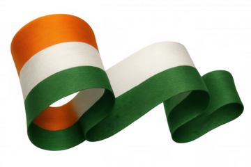 Saffron, white, green indian flag ribbon waving dynamically, representing national pride with vibrant colors on transparent backdrop