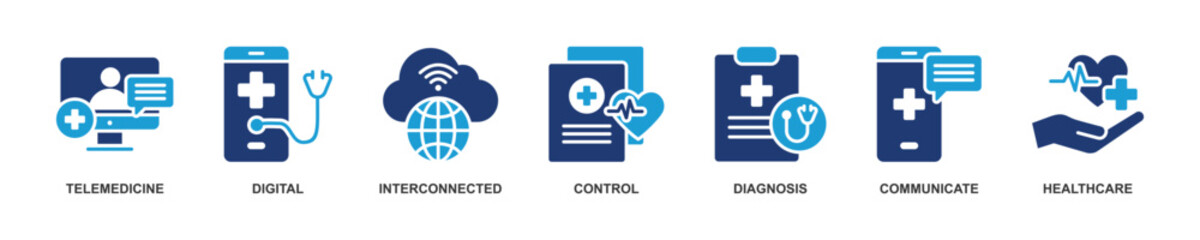 Banner of Digital Health web vector illustration with icons of telemedicine, digital, interconnected, control, diagnosis, communicate and healthcare.
