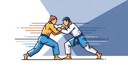 Dynamic illustration of two judokas grappling in a martial arts match with motion lines.