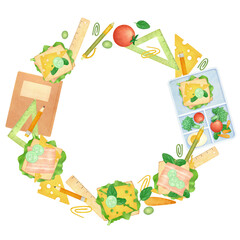 Obraz premium Back to school wreath watercolor isolated illustration. Lunch box with healthy food and stationery supplies. Clip art. Hand drawn sketch for kids in elementary school.