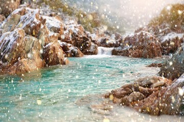 Snowy mountain stream flows through rocks
