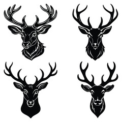 Black Silhouette Deer Head Collection – Elegant Stag Antler Vector Illustrations for Wildlife and Hunting Designs