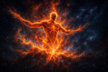 A surreal depiction of a cosmic god being born inside a supernova