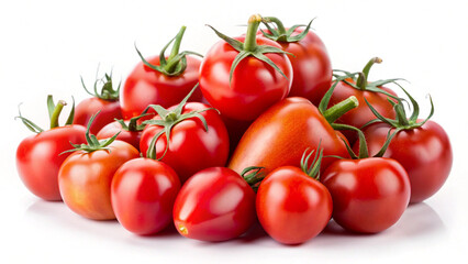 Pile of Fresh Red Tomatoes with Stems on White Background
