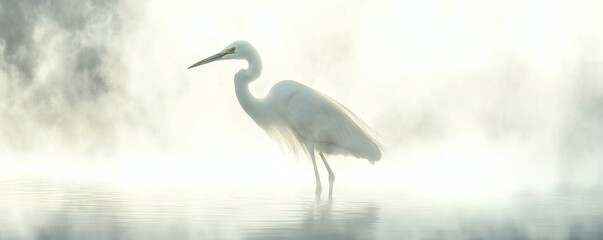 Naklejka premium A beautiful white heron standing gracefully in a misty body of water