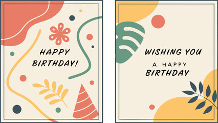 Happy Birthday Greeting Card Layout. abstract vector illustration of two colorful birthday greeting cards on a neutral background.
