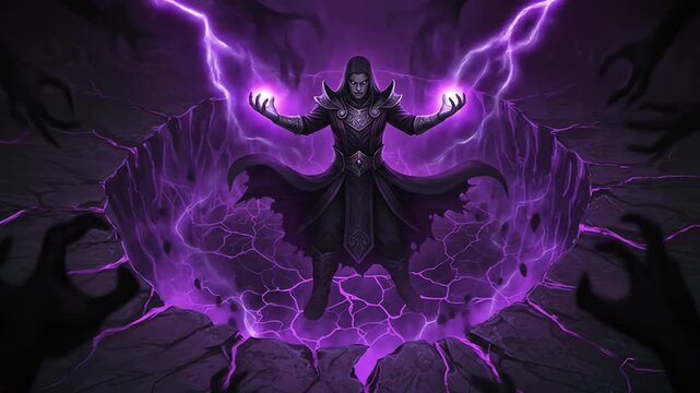 A sorcerer casts a powerful lightning spell in a dark, mystical realm.