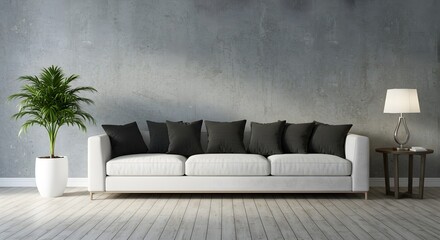 Fototapeta premium Modern Living Room Interior with White Sofa, Black Cushions, Plant, and Lamp