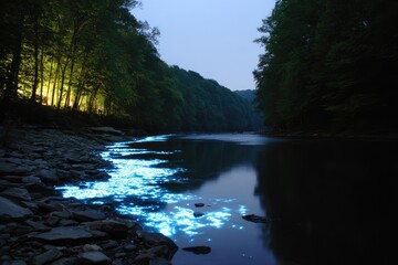 Bioluminescent river at twilight, forested banks