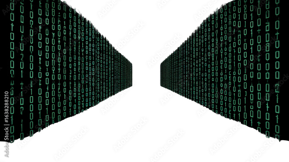 Poster digital tunnel filled with binary code creates futuristic and immersive atmosphere, symbolizing tech