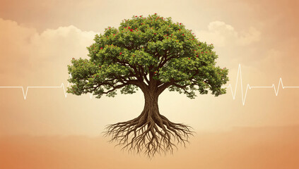 Tree with vibrant green leaves and sturdy roots symbolizing life and vitality in a tranquil landscape at dusk