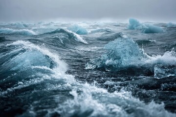 Icy waves crash over glacial fragments
