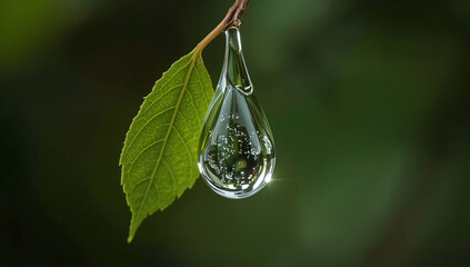 Droplet of water clinging to a green leaf reflecting nature's beauty in soft focus