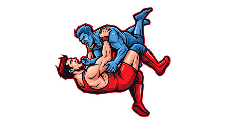 Fototapeta premium A muscular human wrestler in a red singlet grapples with a powerful blue alien opponent.