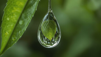 Water droplet reflects green leaf in lush natural setting with vibrant plant life around