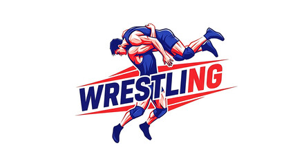 An illustrative logo featuring two muscular wrestlers in a dynamic grappling hold over the word WRESTLING.