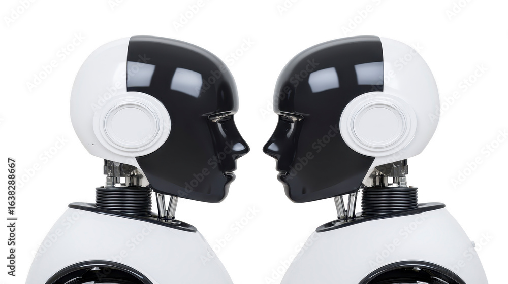Poster two humanoid robots face each other, showcasing sleek designs and futuristic features, symbolizing a