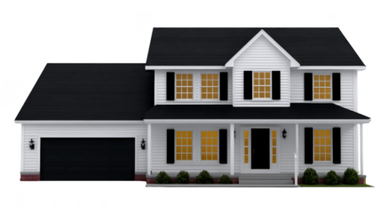 Modern two story house featuring classic design with white siding, black shutters, and welcoming front porch. home has large windows that provide ample natural light, creating warm and inviting