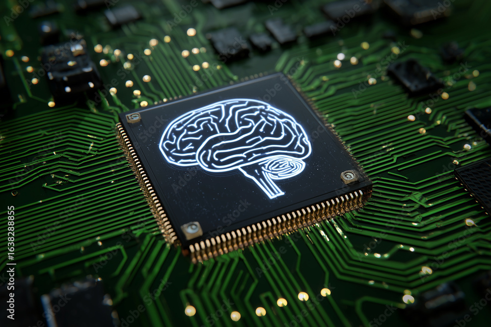 Poster a computer chip with a brain on it