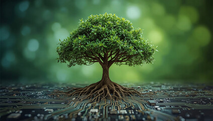 Tree with lush green foliage growing from circuit board in a harmonious blend of nature and technology