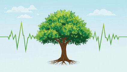 Tree with green leaves and heartbeat line in the background at daylight representing health and nature connection