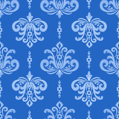 Damask seamless pattern with light blue flowers, vintage style, vector illustration elegant for textile, wall paper, bedding, curtains, cushion cover, rug, wrapping, scarf, upholstery fabric, fashion