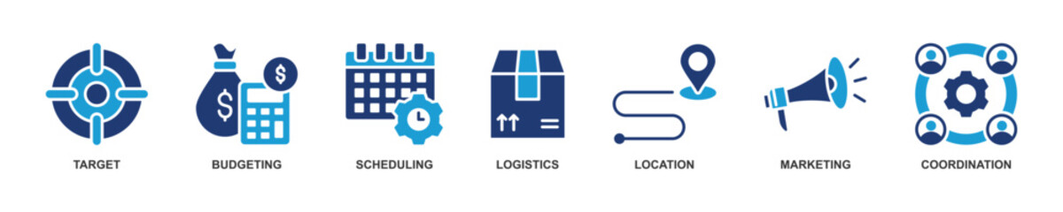 Banner of Event Management web vector illustration with icons of target, budgeting, scheduling, logistics, location, marketing and coordination.